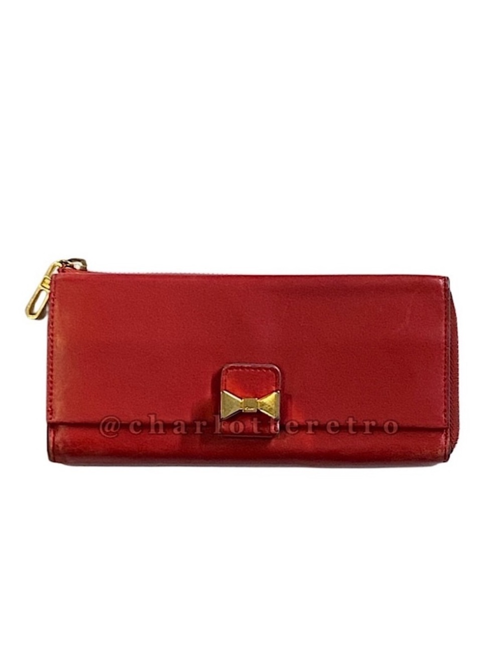 Chloe • Red Leather Wallet w 3D Gold Bow